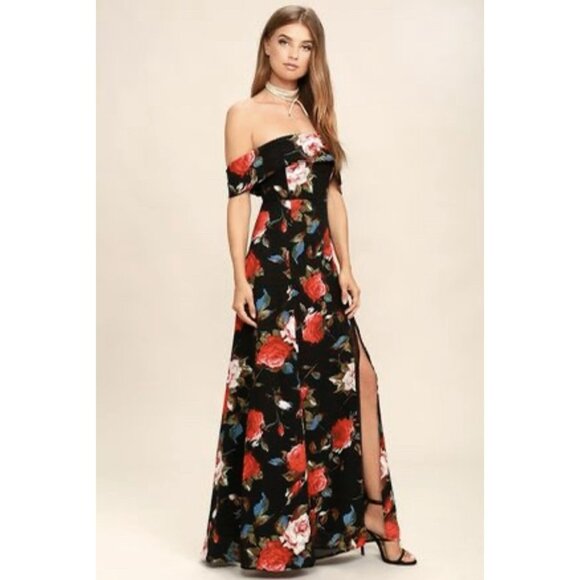 Lulus Dresses & Skirts - Lulus Black Red Floral Off The Shoulder Maxi Dress Zipper Small Size